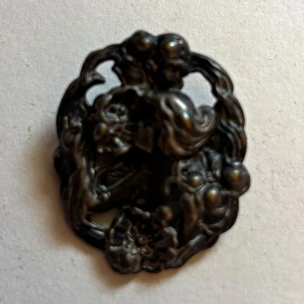 Silver-Tone Cameo Style Floral & Figures Asymmetrical Brooch Pin, No Stone